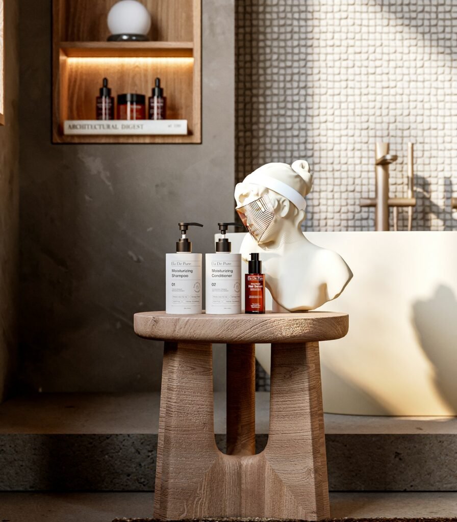 Haircare oils on an oak bathroom counter in warm light