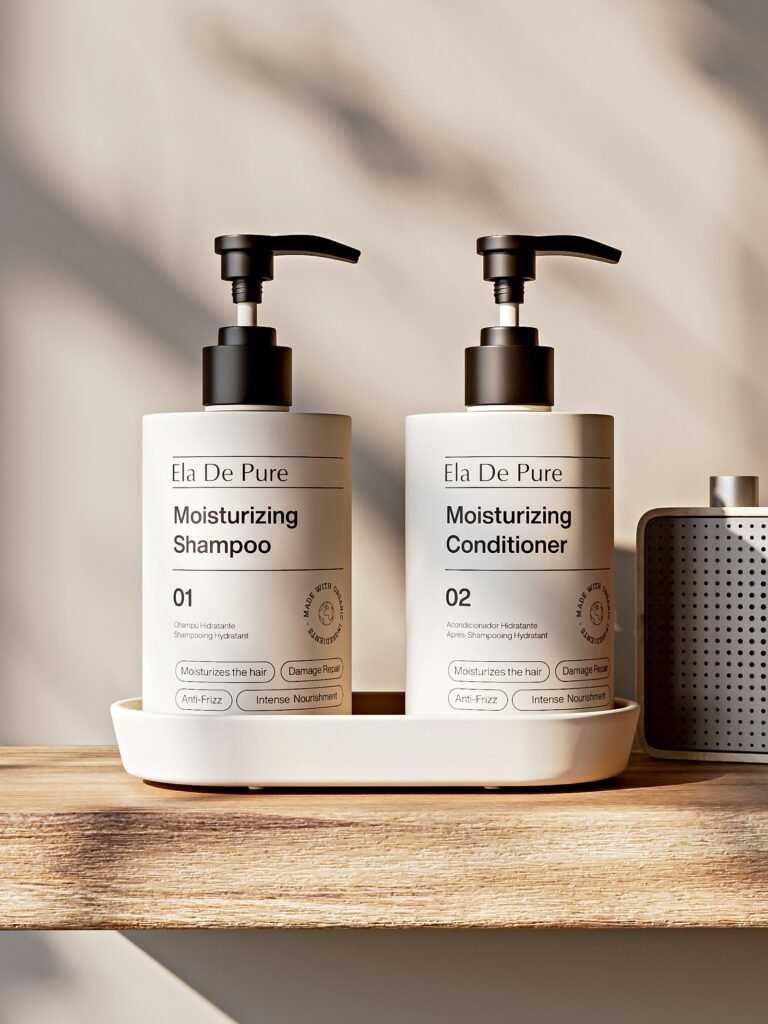 Minimal shampoo and conditioner bottles on a wooden shelf