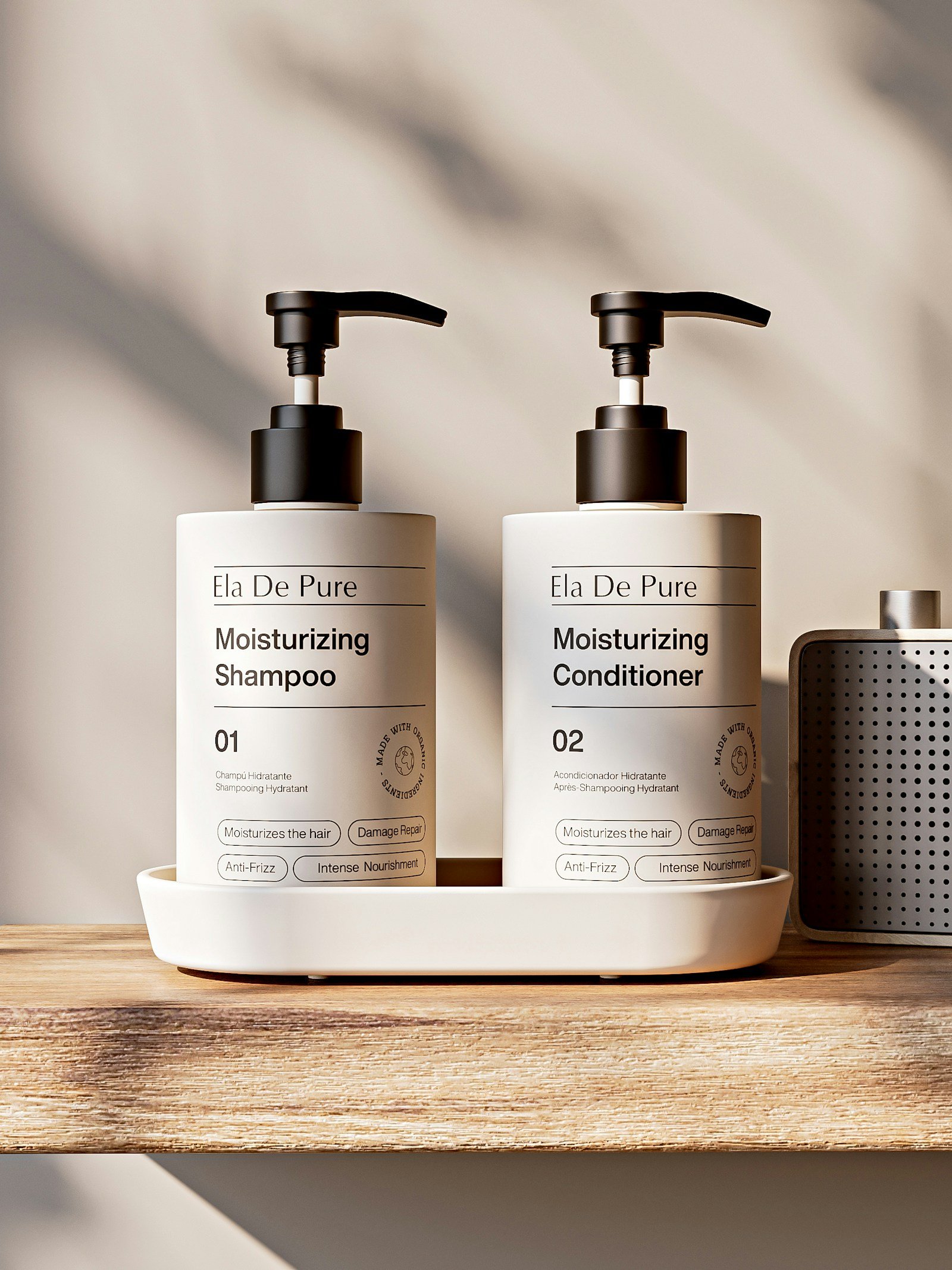 Minimal shampoo and conditioner bottles on a wooden shelf